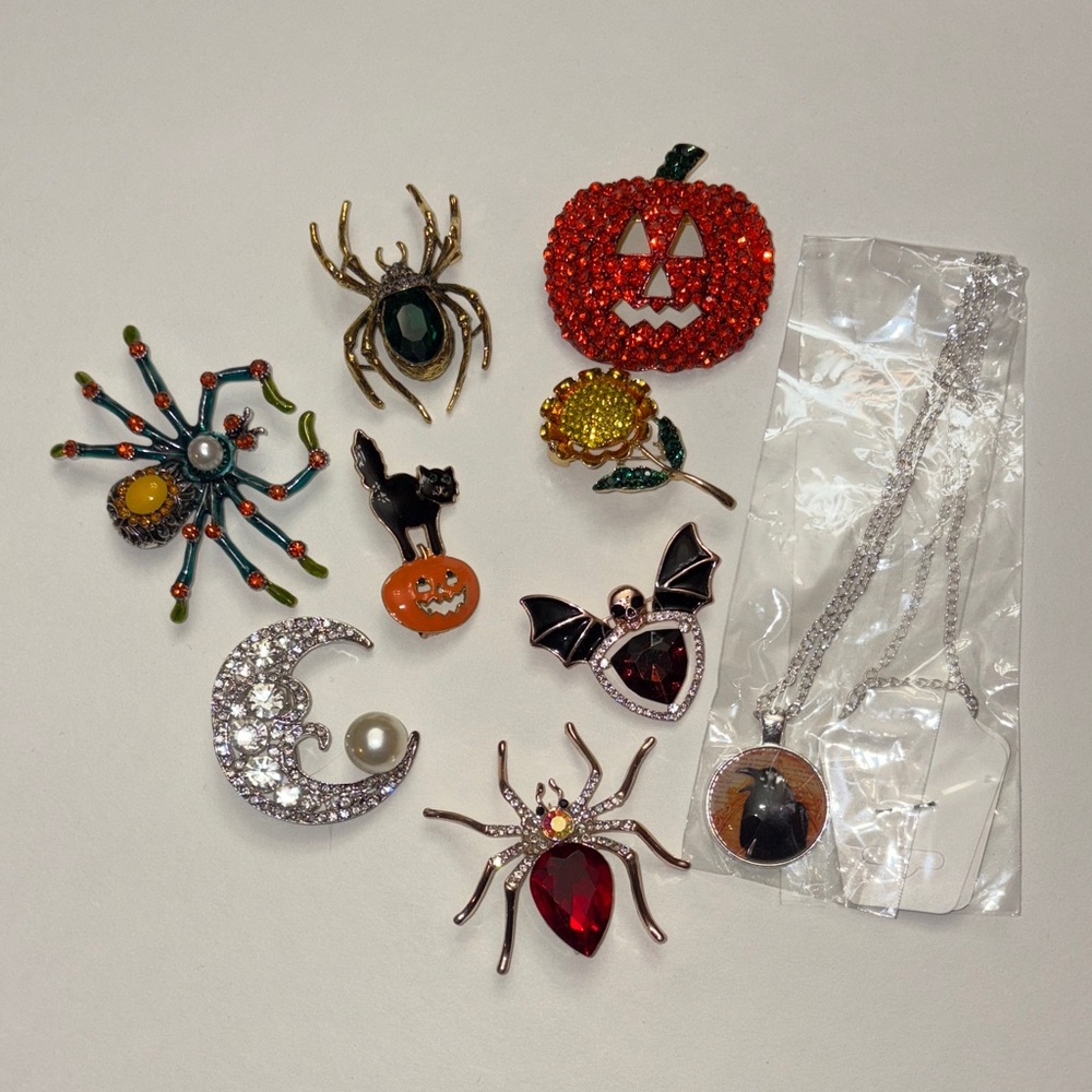 Halloween Fall Themed Brooch and Necklace Set Moon Skull Spider Pumpkin Crow Cat